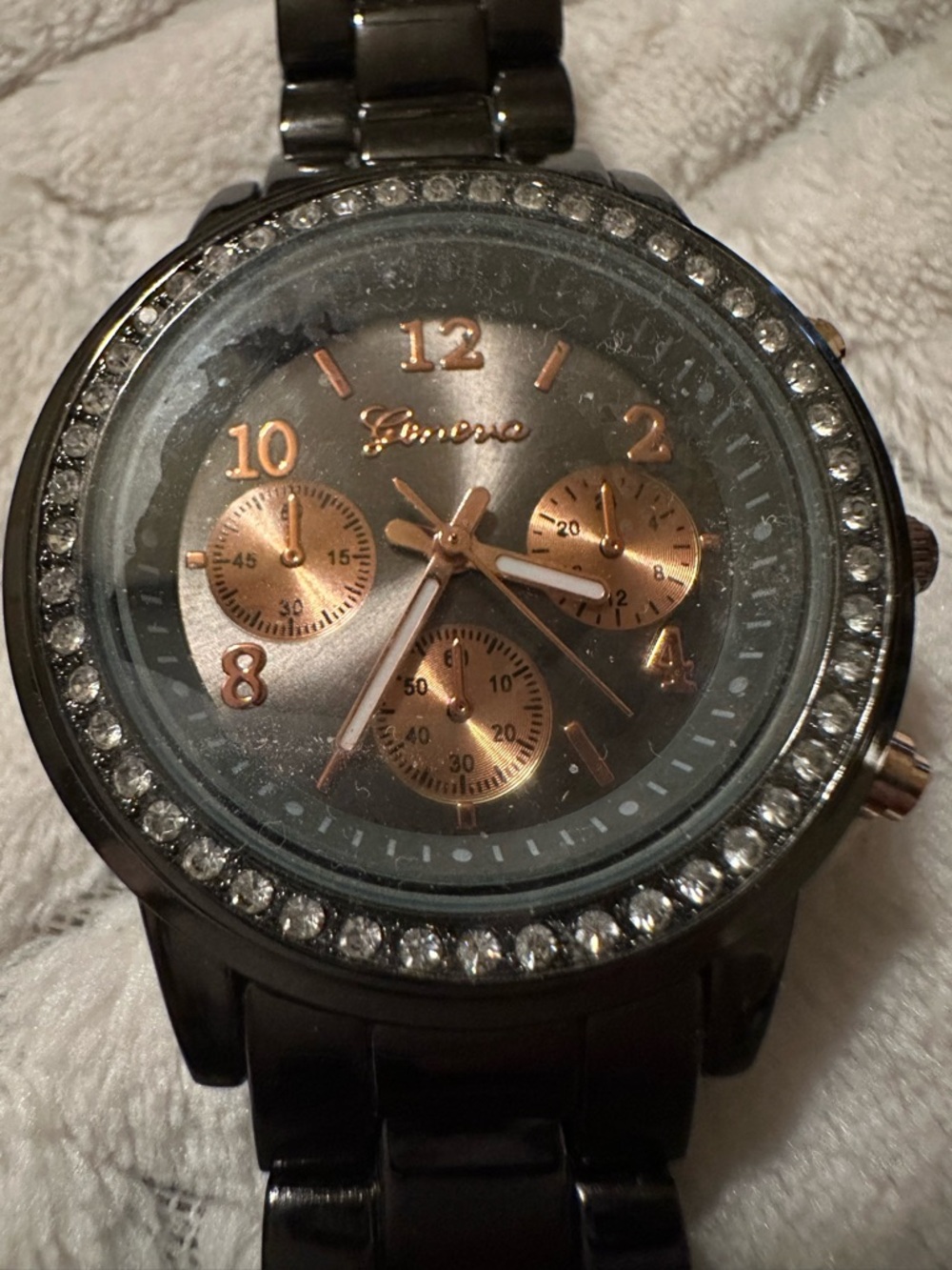Geneva Dark Gray metallic Watch with Rose Gold Dial and Crystal Bezel